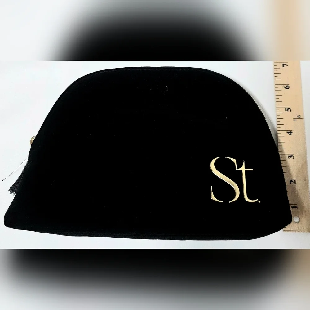 Seint Black Velvet Makeup Bag Cosmetic Pouch Gold Zip Travel Case 10”